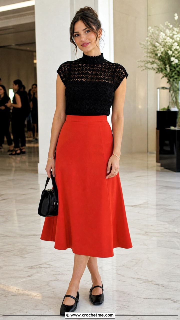 Black Mock Neck Crochet Top With A Line Skirt - 35 black crochet top outfit ideas