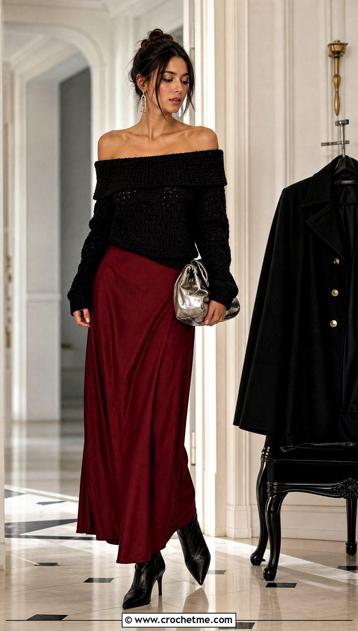 Black Off Shoulder Crochet Sweater With Maxi Skirt - 15 black crochet sweater fall fashion and outfit ideas