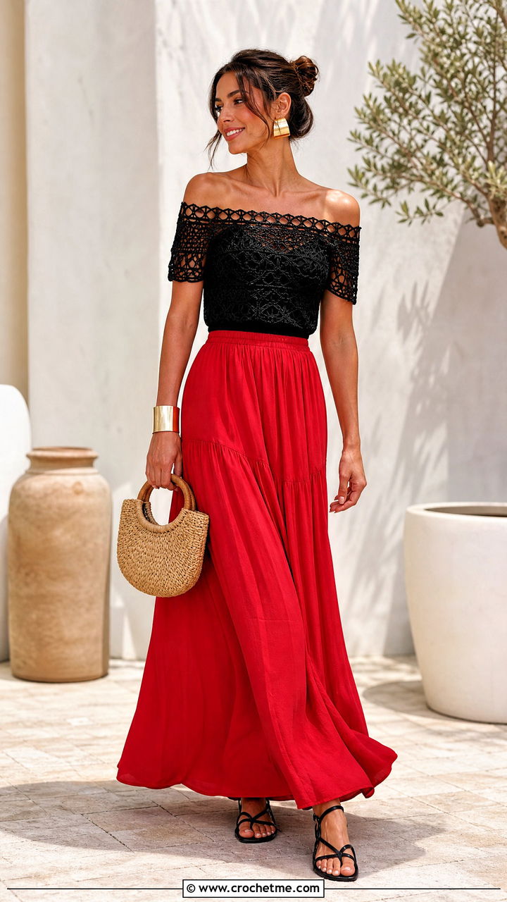 Black Off Shoulder Crochet Top With Maxi Skirt - 35 black crochet top outfit ideas