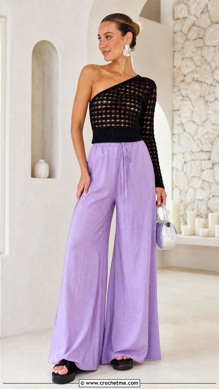 Black One Shoulder Crochet Top With Palazzo Pants - 35 black crochet top outfit ideas