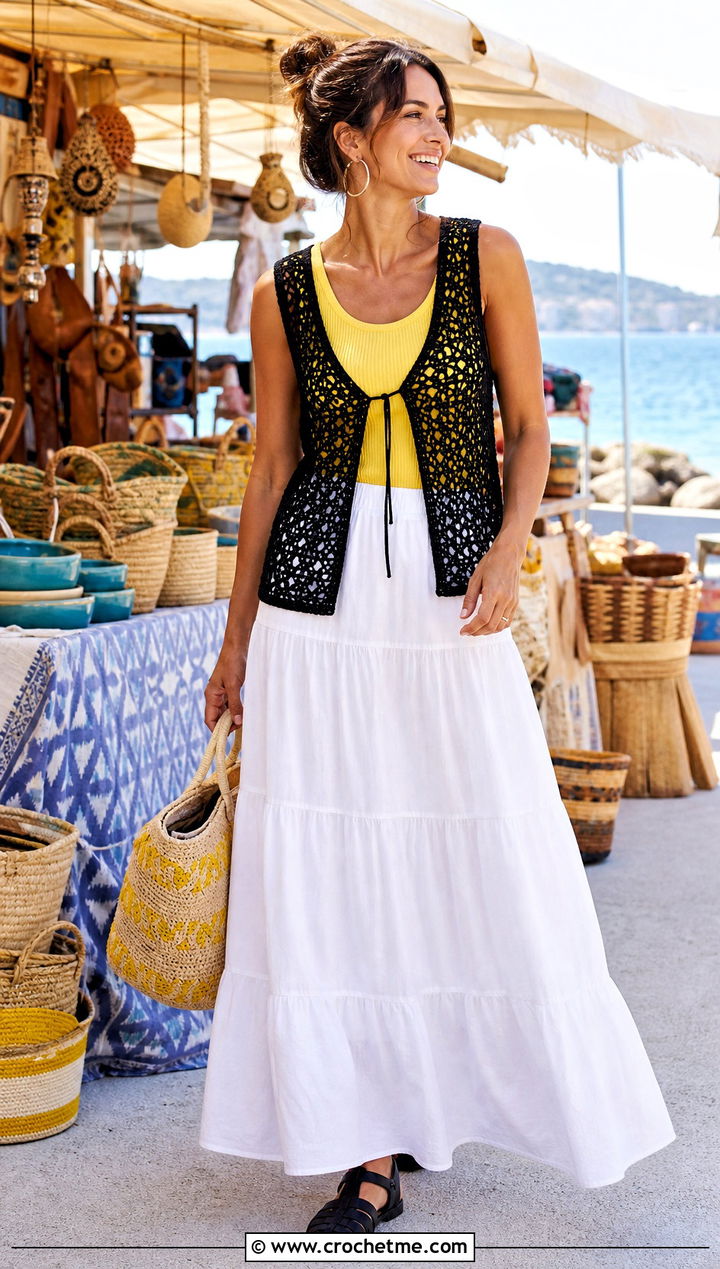 Black Open Front Crochet Summer Vest With Tank And Maxi Skirt - 15 Black Crochet Summer Vest outfit ideas
