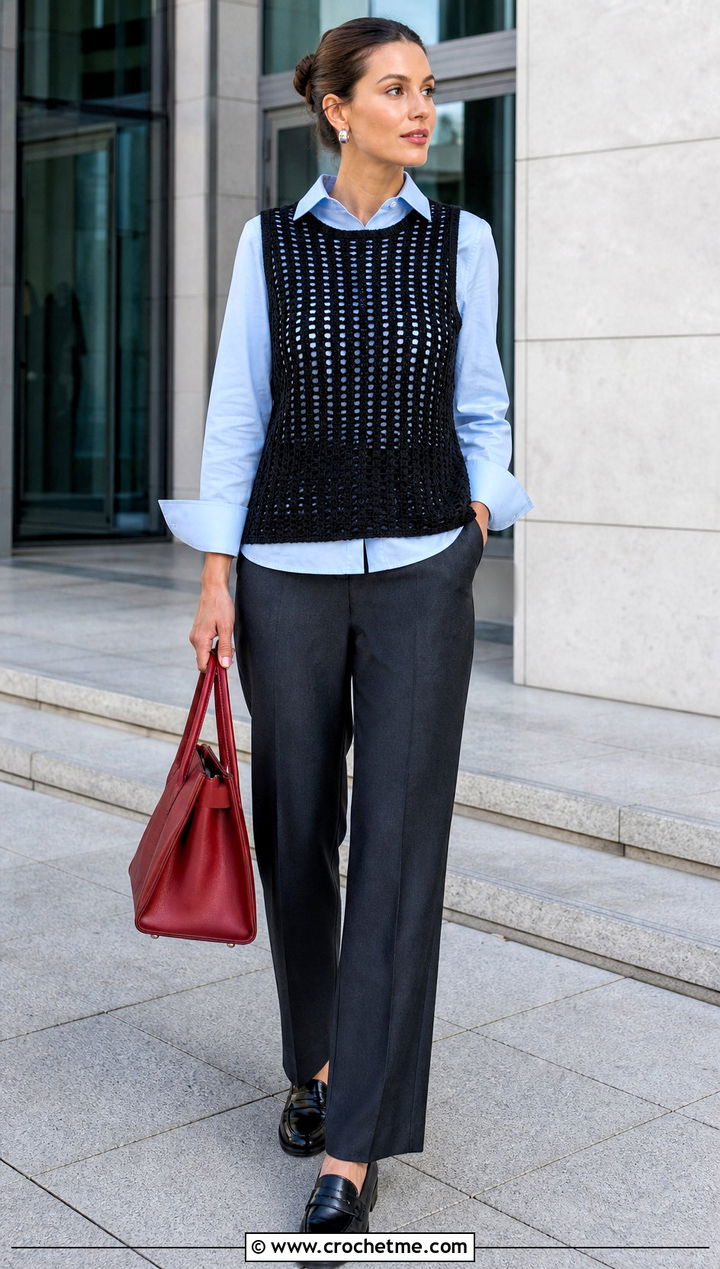 Black Open Knit Crochet Tank Top Over A Poplin Shirt - 30 Black Crochet Tank Top outfit ideas