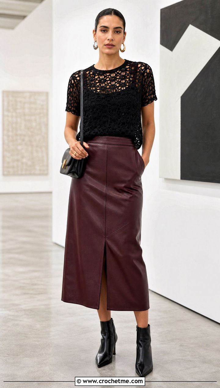 Black Openwork Crochet Tee With Leather Skirt - 15 zara black crochet top outfit ideas