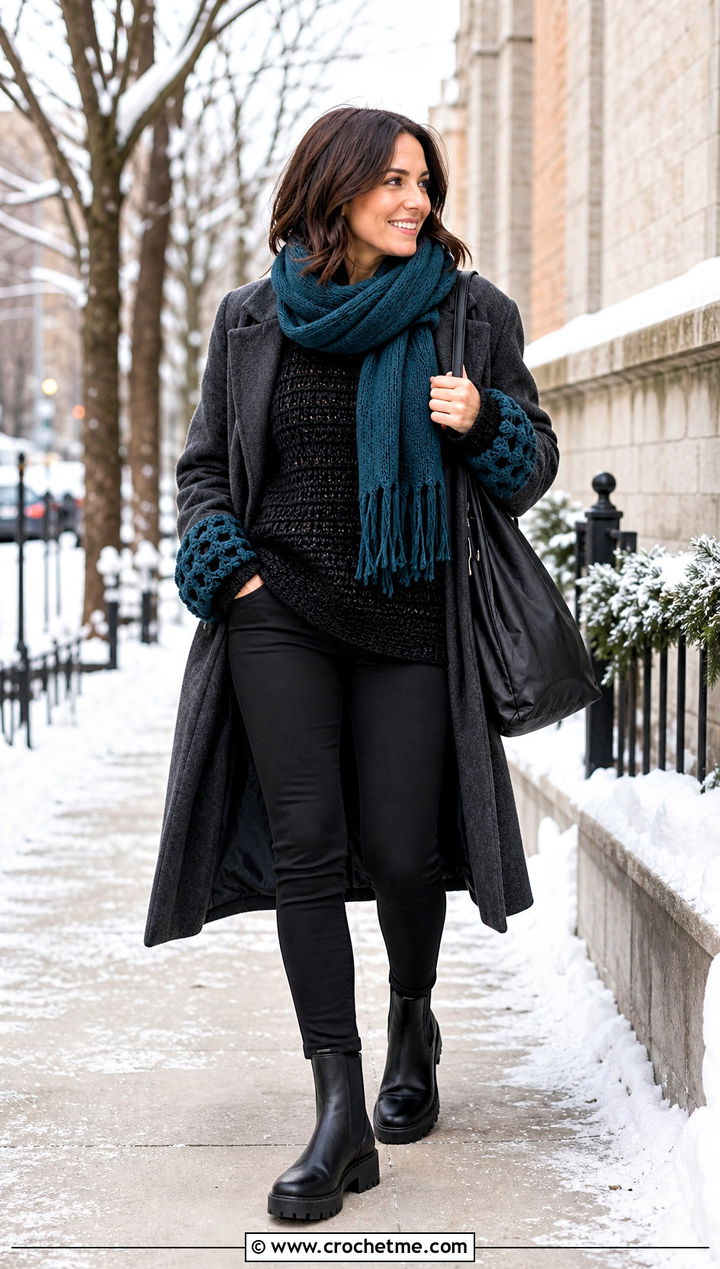 Black Oversized Chunky Crochet Sweater With Leggings - 15 black and gray crochet sweater outfit ideas