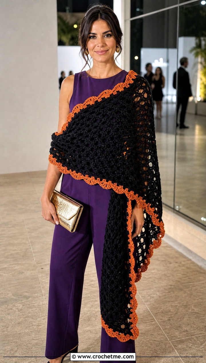 Black Oversized Wrap Crochet Scarf With Jumpsuit And Heels - 15 Handmade Black Crochet Scarf outfit ideas