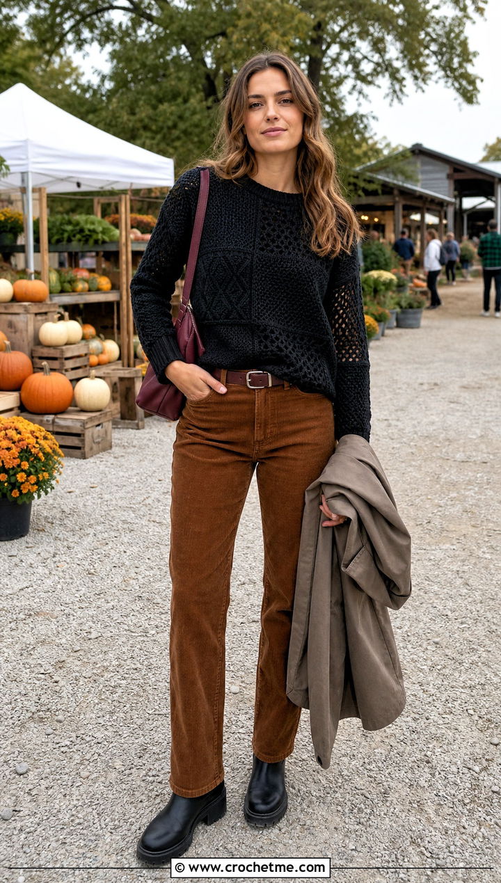 Black Patchwork Crochet Sweater With Corduroy Pants - 15 black crochet sweater fall fashion and outfit ideas