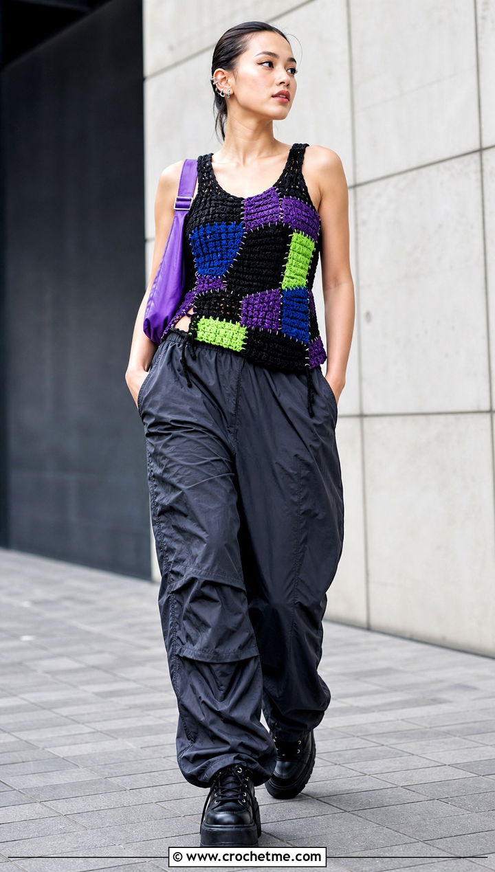 Black Patchwork Crochet Tank Top With Parachute Pants - 30 Black Crochet Tank Top outfit ideas