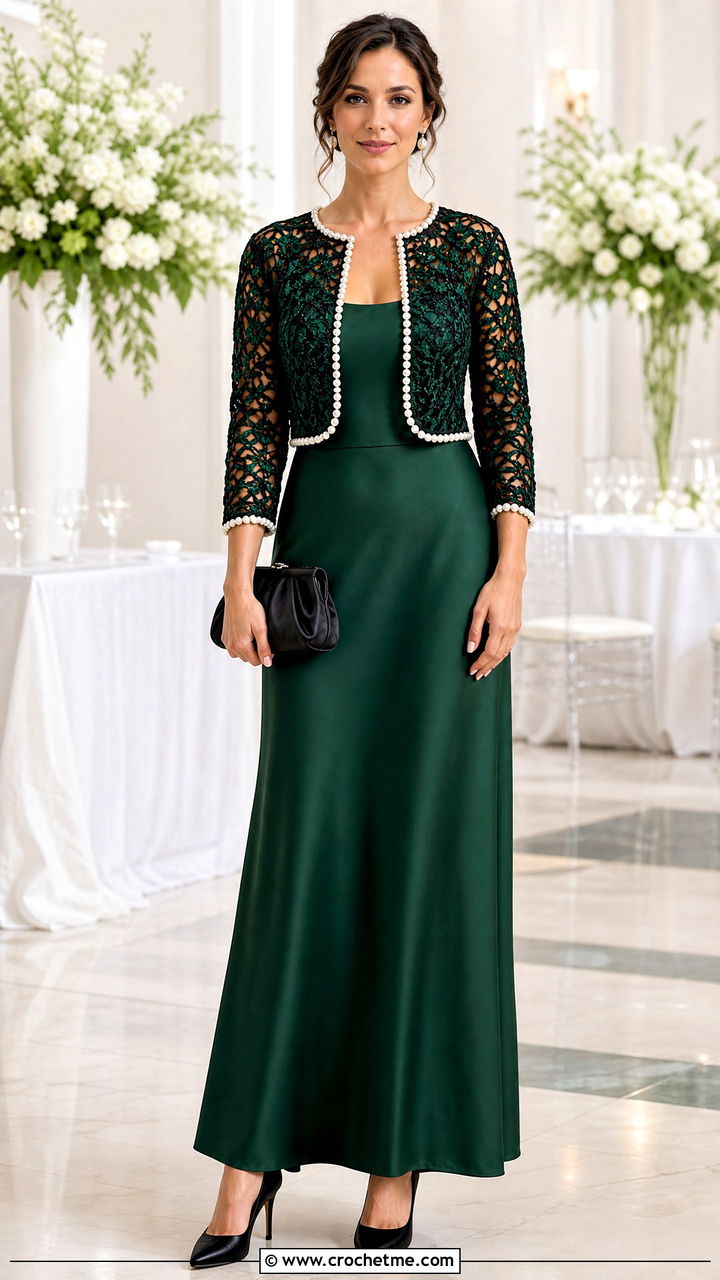 Black Pearl Trim Crochet Shrug With Formal Gown - 35 black crochet shrug outfit ideas