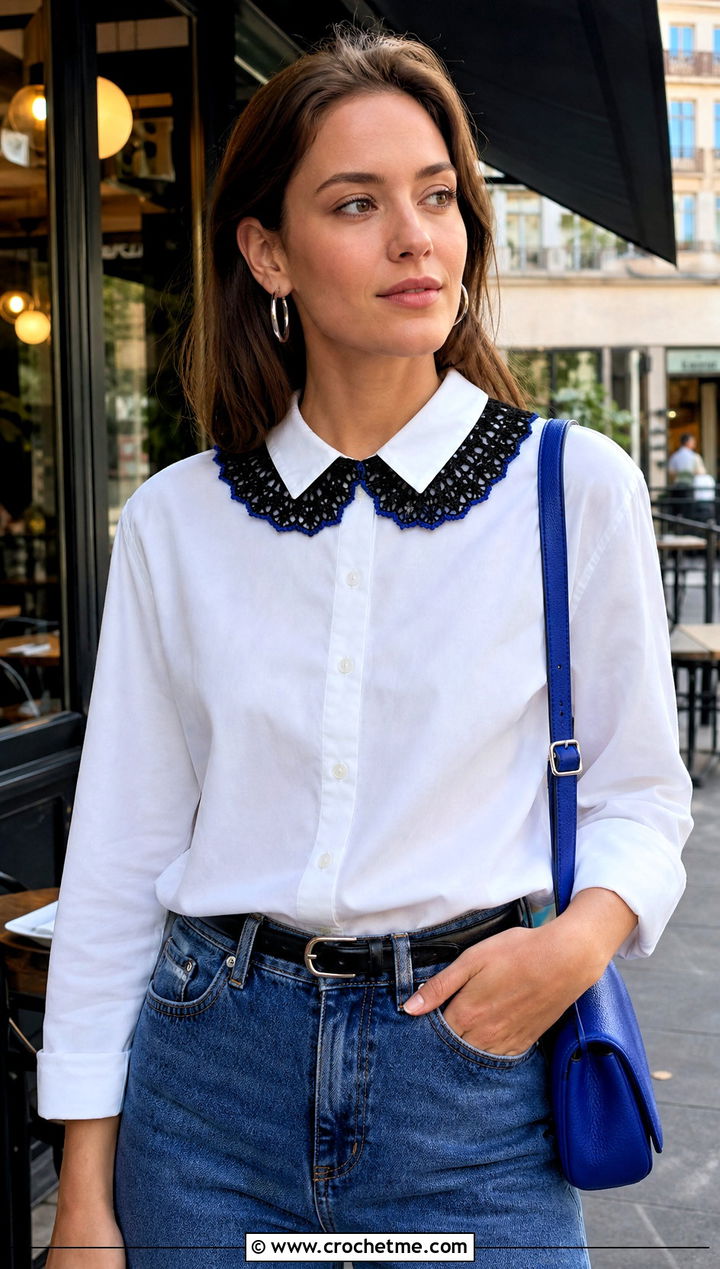 Black Peter Pan Crochet Collar With White Shirt And Jeans - 15 Black Crocheted Lace Collar outfit ideas