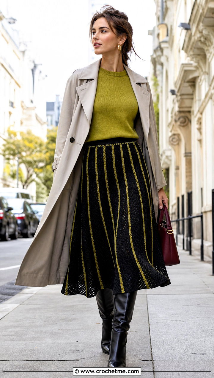 Black Pleated Crochet Midi Skirt With Trench Coat - 15 Black Crochet Skirt Design outfit ideas