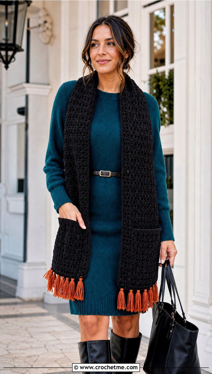 Black Pocket Crochet Scarf With Sweater Dress And Knee High Boots - 15 Handmade Black Crochet Scarf outfit ideas