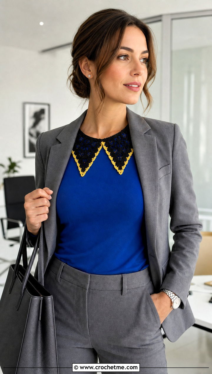 Black Pointed Crochet Collar With Gray Blazer And Trousers - 15 Black Crocheted Lace Collar outfit ideas
