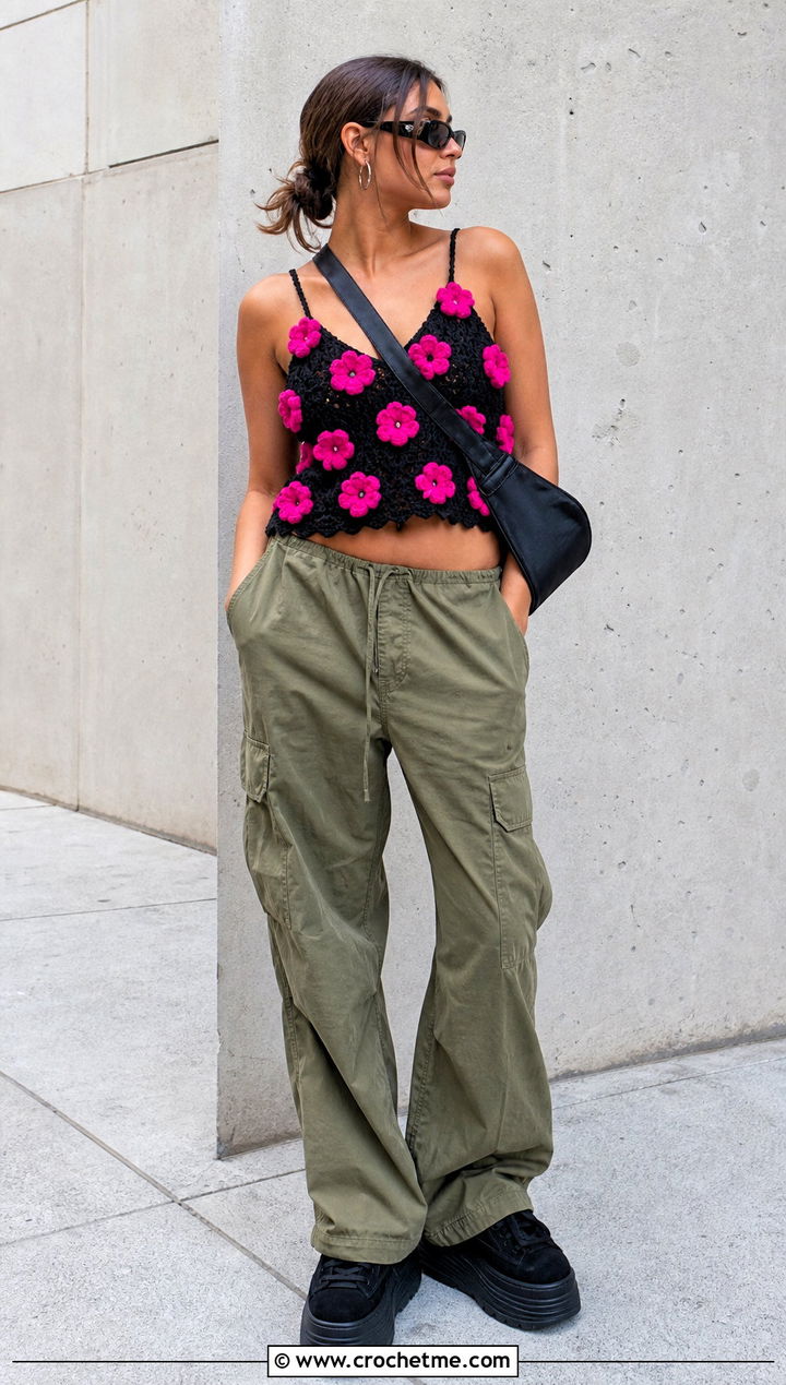 Black Puff Flower Crochet Camisole With Cargo Pants - 15 black crochet top with flowers outfit ideas