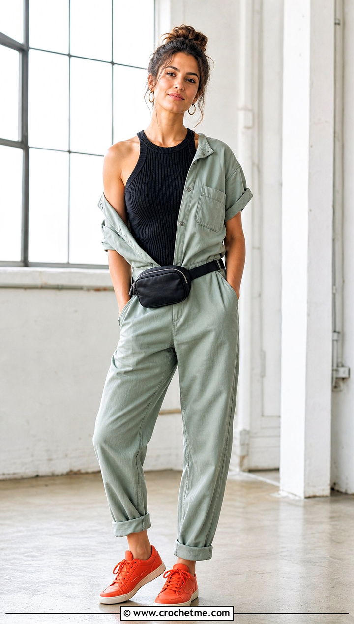 Black Ribbed Crochet Tank Top With Utility Jumpsuit - 30 Black Crochet Tank Top outfit ideas