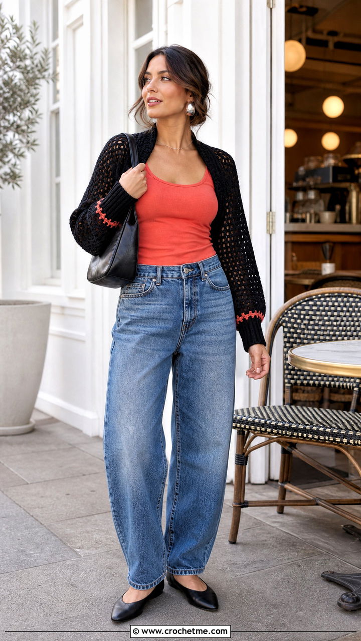 Black Ribbed Cuff Crochet Shrug With Barrel Jeans - 35 black crochet shrug outfit ideas