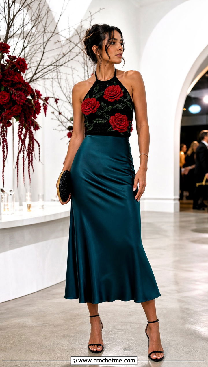 Black Rose Applique Crochet Halter Top With Satin Midi Skirt - 15 black crochet top with flowers outfit ideas
