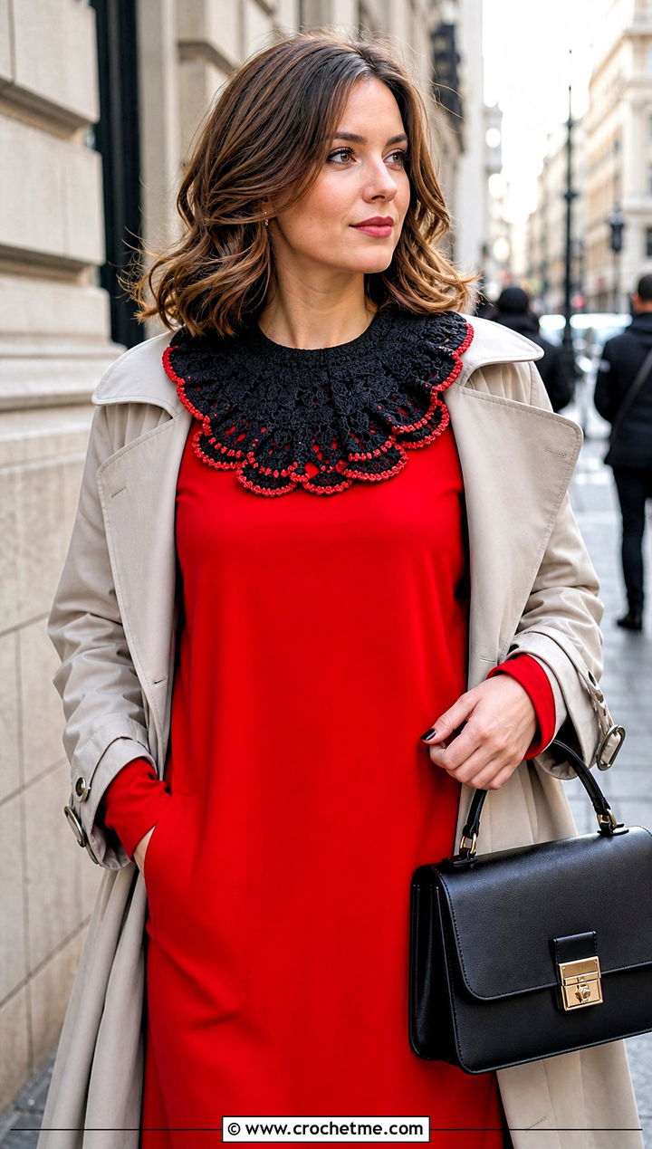 Black Ruffled Crochet Collar With Trench Coat And Mini Dress - 15 Black Crocheted Lace Collar outfit ideas