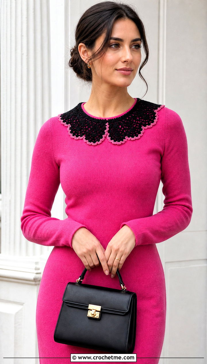 Black Scalloped Crochet Collar With Pink Knit Dress - 15 Black Crocheted Lace Collar outfit ideas