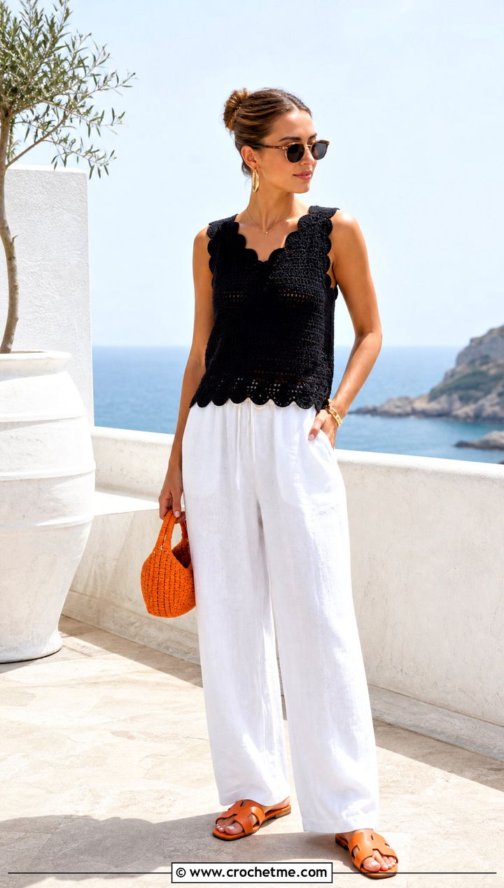 Black Scalloped Crochet Shell With White Linen Pants - 15 zara black crochet top outfit ideas