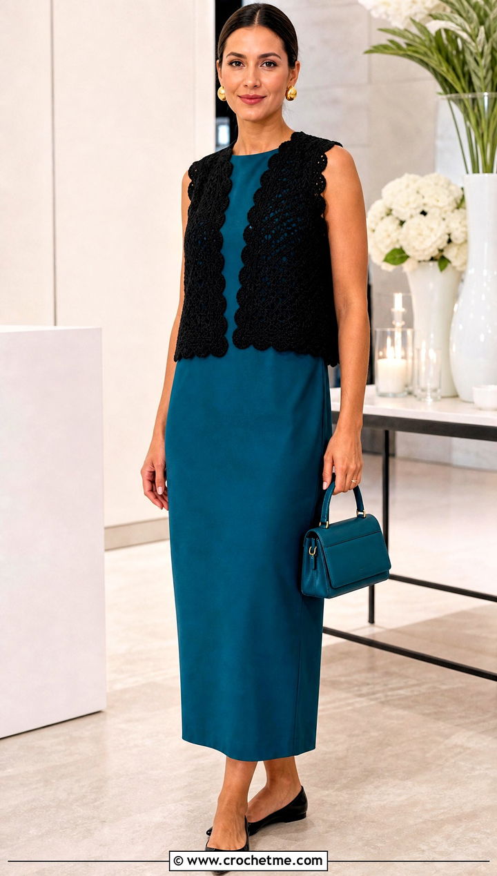 Black Scalloped Crochet Summer Vest With Column Dress - 15 Black Crochet Summer Vest outfit ideas