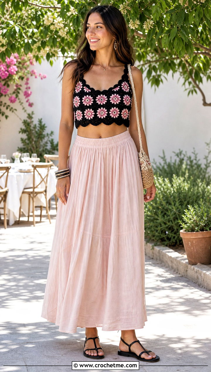 Black Scalloped Floral Crochet Crop Top With Maxi Skirt - 15 black crochet top with flowers outfit ideas