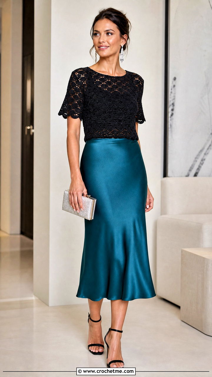 Black Shell Stitch Crochet Top With Satin Midi Skirt - 35 black crochet top outfit ideas