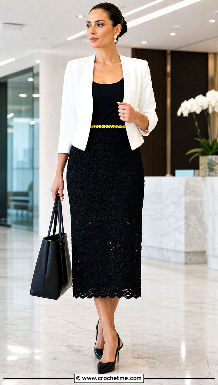 Black Shell Stitch Midi Skirt With White Blazer - 15 Black Crochet Skirt Design outfit ideas