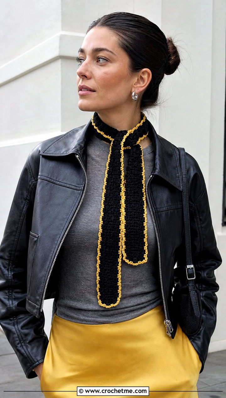Black Skinny Crochet Scarf With Leather Jacket And Satin Skirt - 15 Handmade Black Crochet Scarf outfit ideas