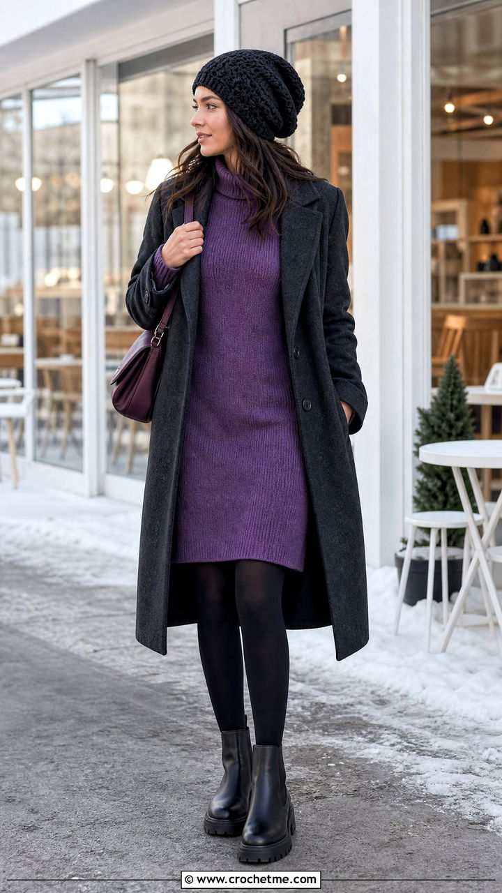 Black Slouch Crochet Beanie With Sweater Dress - 35 Black Crochet Hat outfit ideas