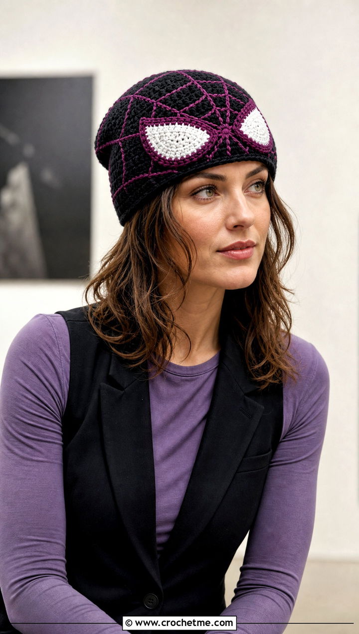 Black Spider Web Beanie With Tailored Vest - 15 Crocheted Spider Man Hat outfit ideas