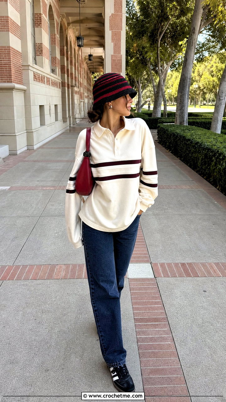 Black Striped Crochet Bucket Hat With Rugby Shirt - 35 Black Crochet Hat outfit ideas