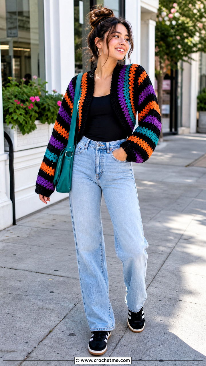 Black Striped Motif Crochet Shrug With Straight Jeans - 35 black crochet shrug outfit ideas