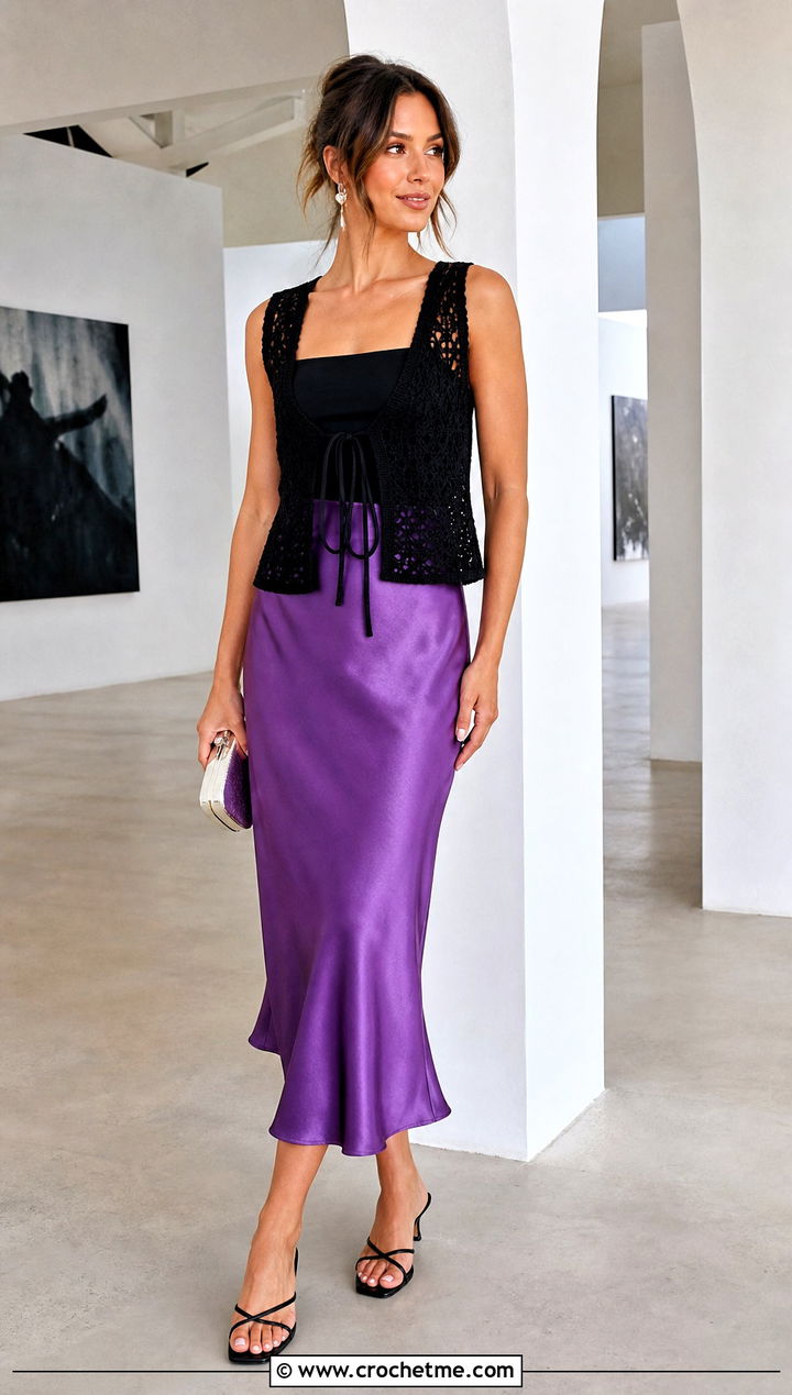 Black Tie Front Crochet Summer Vest With Satin Midi Skirt - 15 Black Crochet Summer Vest outfit ideas