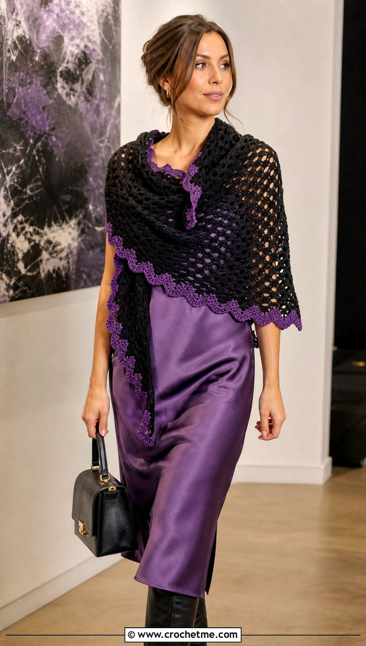 Black Triangle Shawl Crochet Scarf With Slip Dress And Boots - 15 Handmade Black Crochet Scarf outfit ideas