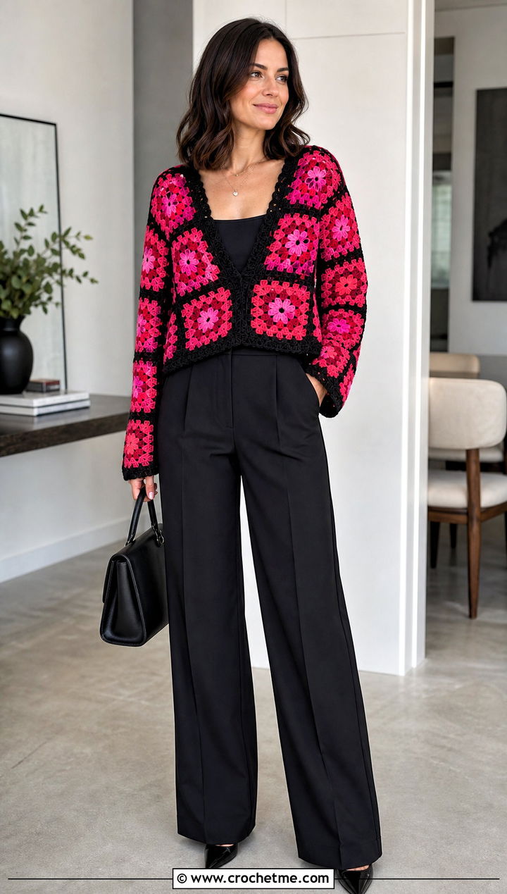 Black Trim Granny Square Pullover Sweater With Black Trousers - 25 crochet granny square pullover sweater outfit ideas