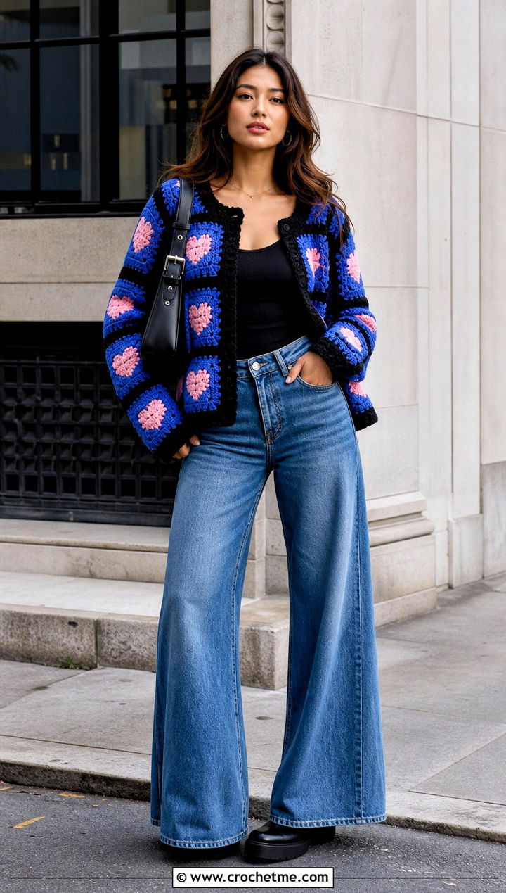 Black Trim Heart Granny Square Cardigan With Wide Leg Jeans - 35 Heart Granny Square Cardigan outfit ideas