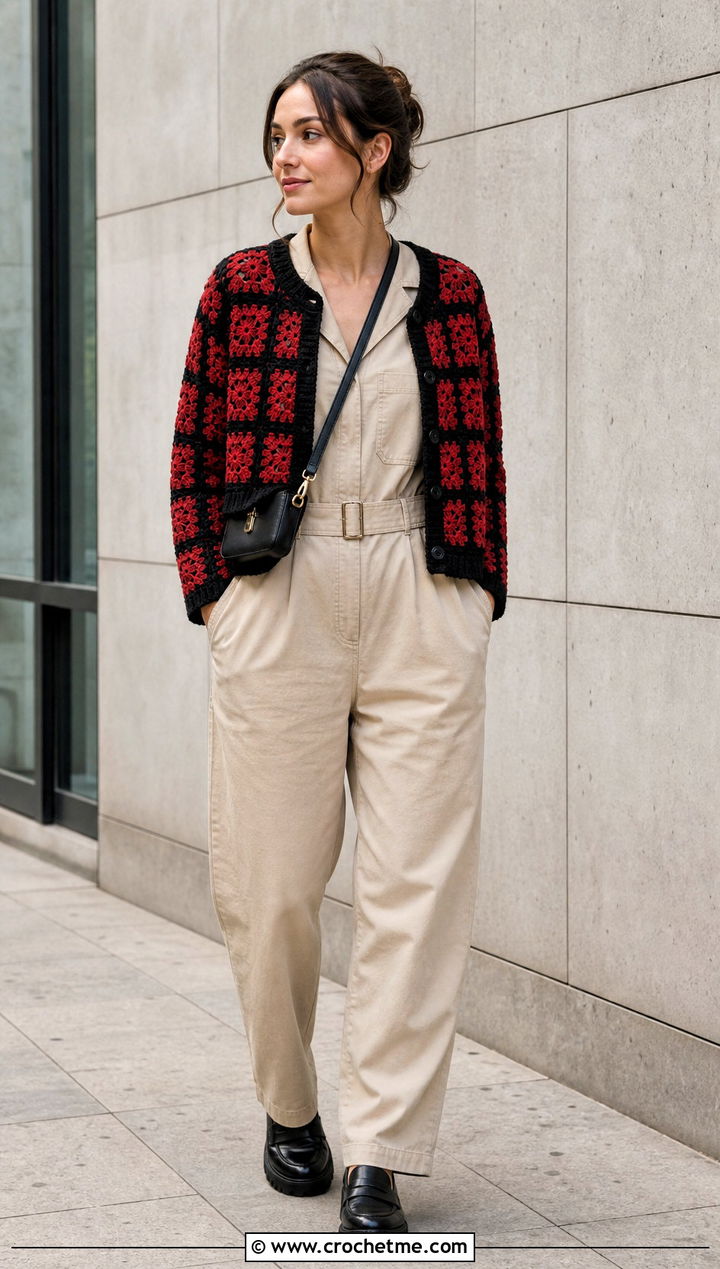 Black Trim Small Granny Square Cardigan With Utility Jumpsuit - 25 Small Granny Square Cardigan outfit ideas