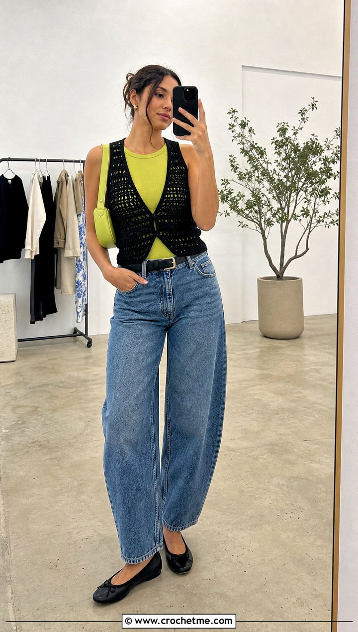 Black V Neck Crochet Summer Vest With Barrel Jeans - 15 Black Crochet Summer Vest outfit ideas