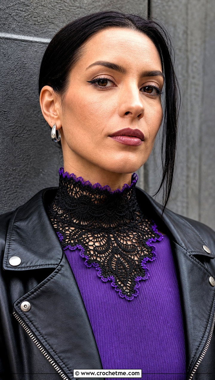 Black Victorian Crochet Collar With Leather Jacket And Jeans - 15 Black Crocheted Lace Collar outfit ideas