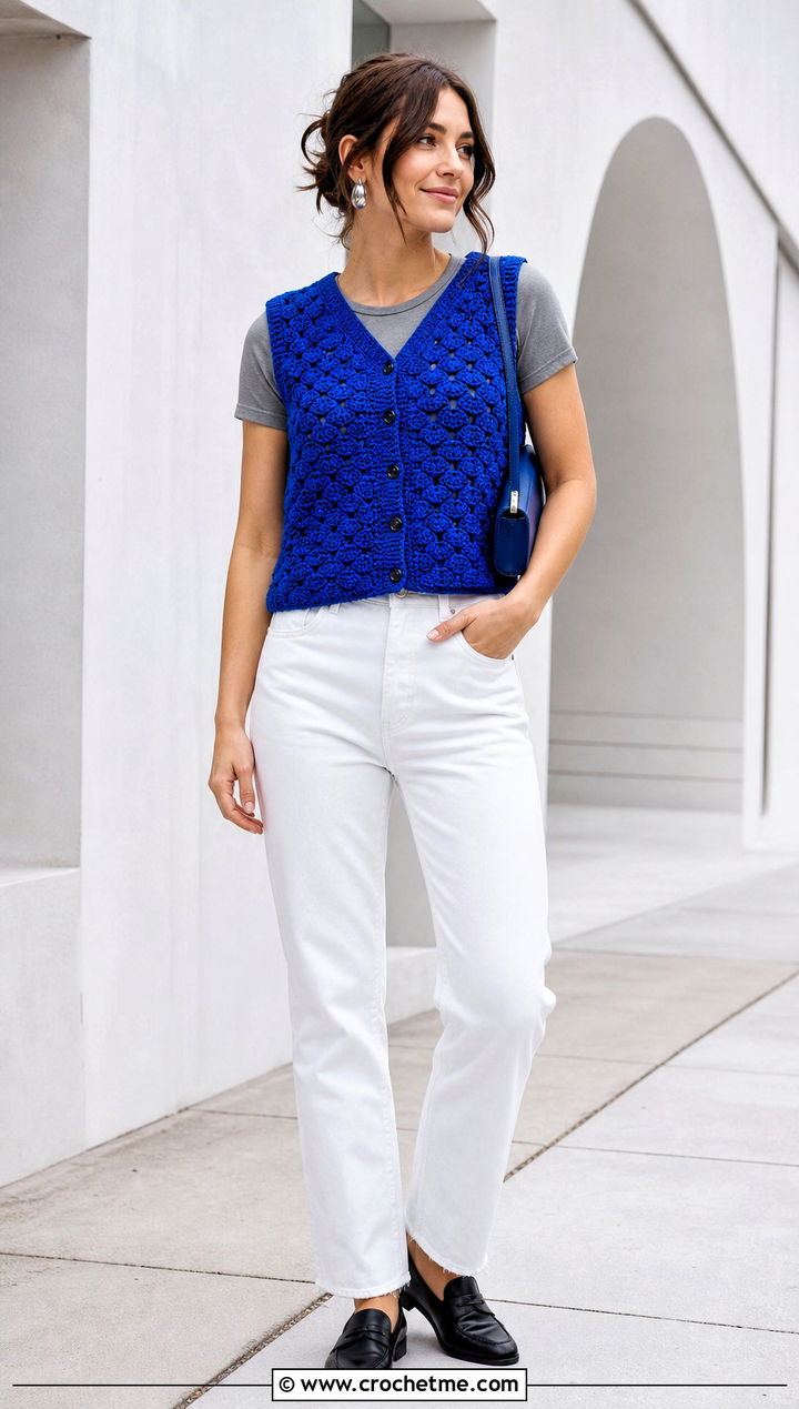 Black Wednesday Crochet Vest With White Jeans - 30 wednesday crochet vest outfit ideas