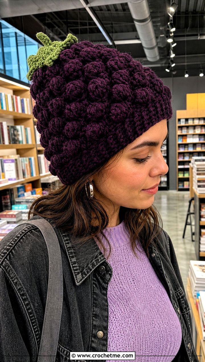 Blackberry Crochet Beanie With Dark Denim - 30 crochet fruit beanie outfit ideas