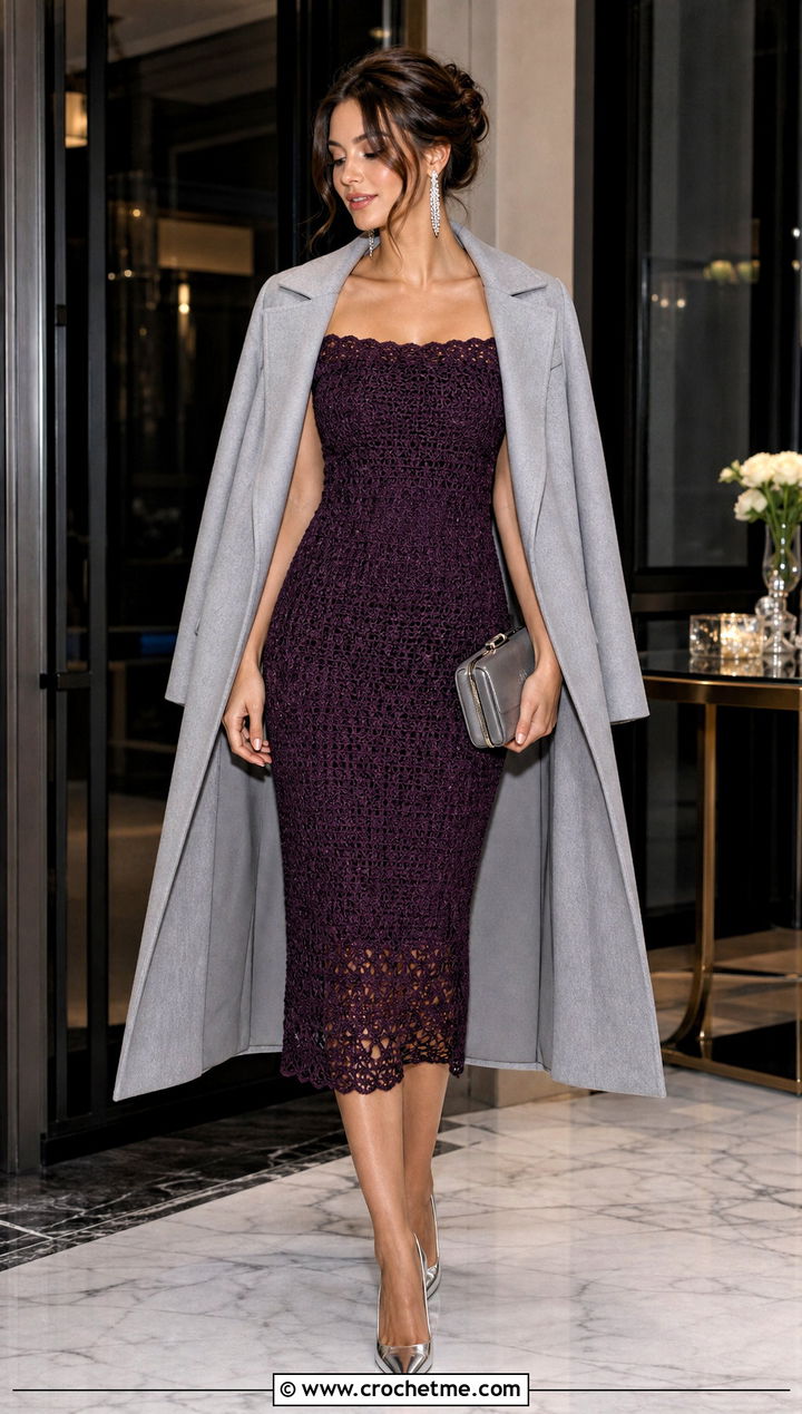 Blackberry Crochet Off Shoulder Dress With Tailored Coat - 35 purple crochet dress outfit ideas