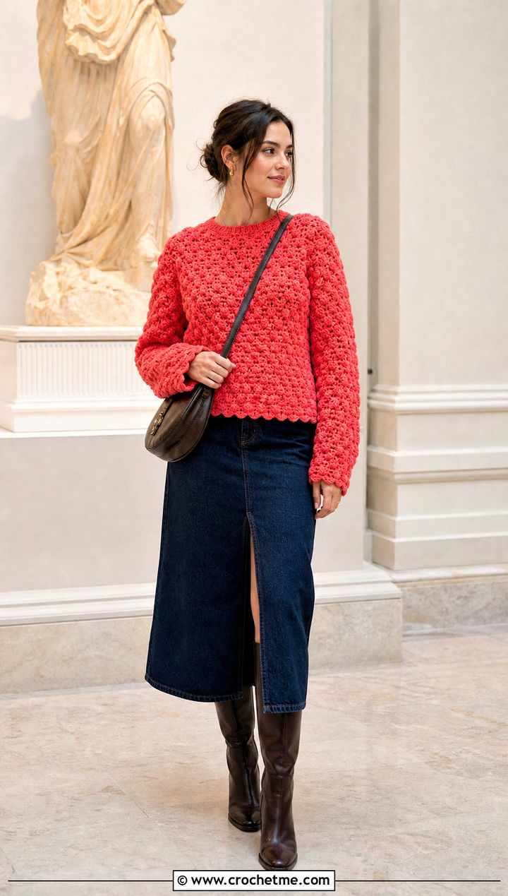 Blackberry Stitch Irish Sweater With Denim Midi Skirt - 25 Crochet Irish Sweater outfit ideas