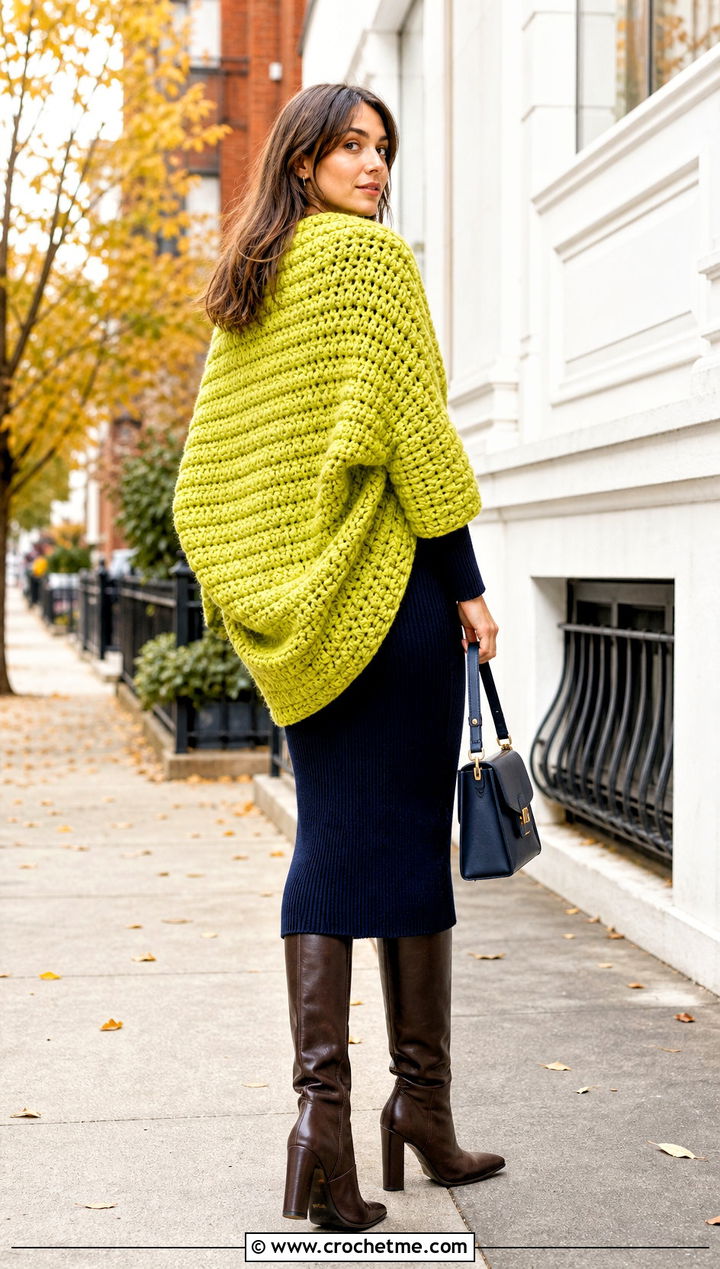 Blanket Crochet Cocoon Shrug With Knit Dress - 30 crochet cocoon shrug outfit ideas