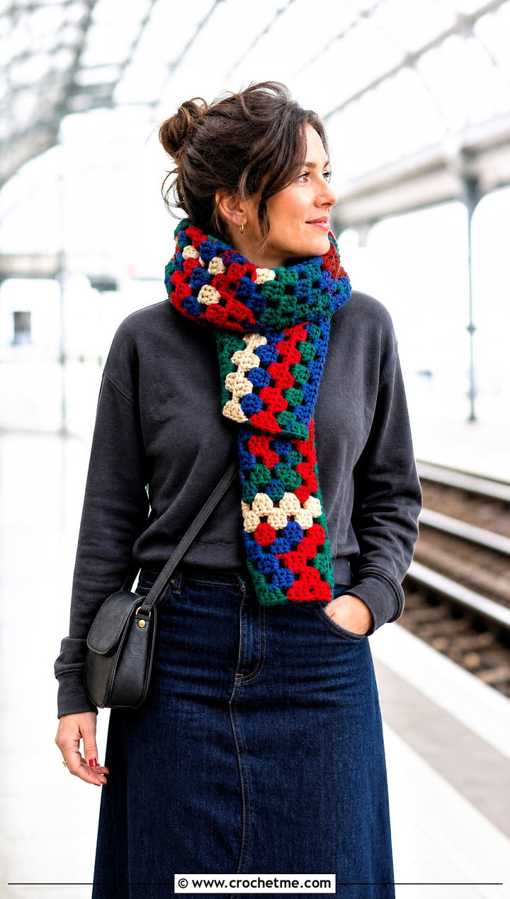 Blanket Crochet Granny Stitch Scarf With Maxi Skirt - 30 crochet granny stitch scarf outfit ideas