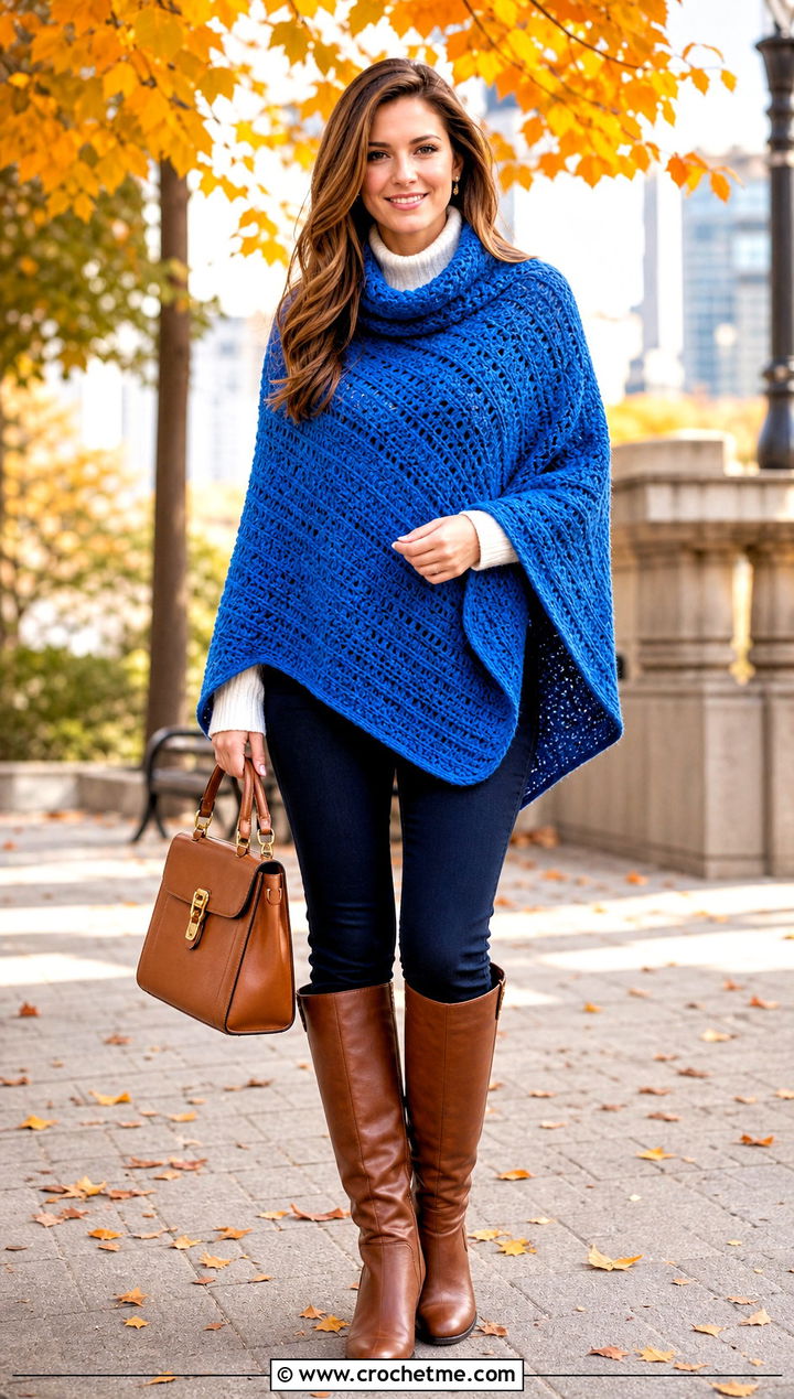 Blanket Crochet Poncho With Turtleneck And Skinny Jeans - 20 crochet poncho for women outfit ideas