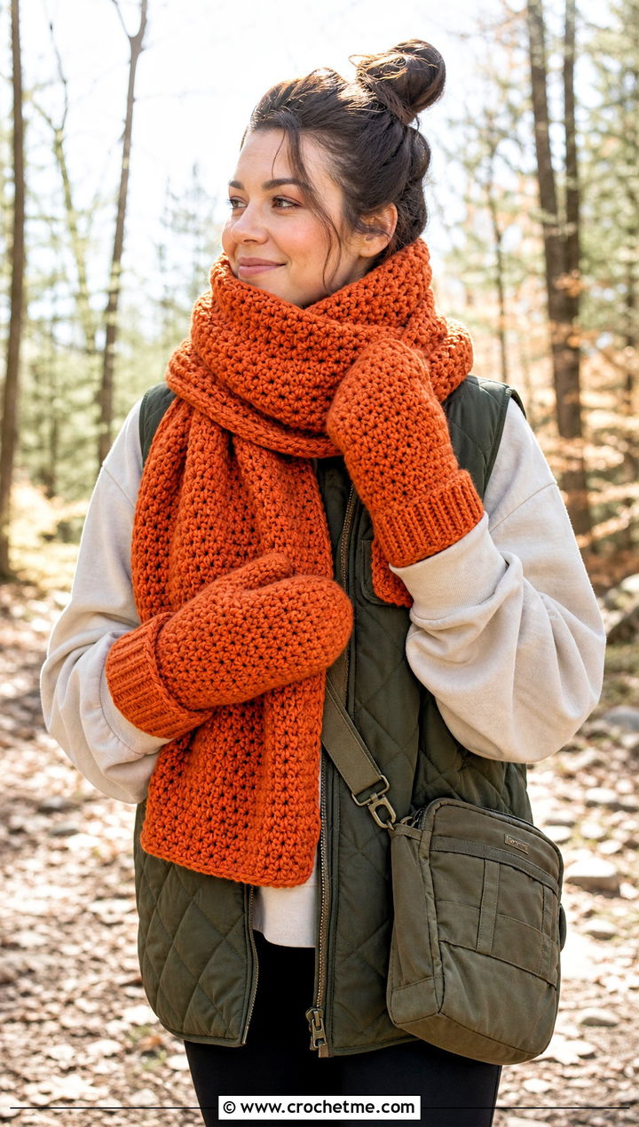 Blanket Crochet Scarf And Oversized Mittens With Quilted Vest - 15 Crochet Scarf And Mittens Set outfit ideas