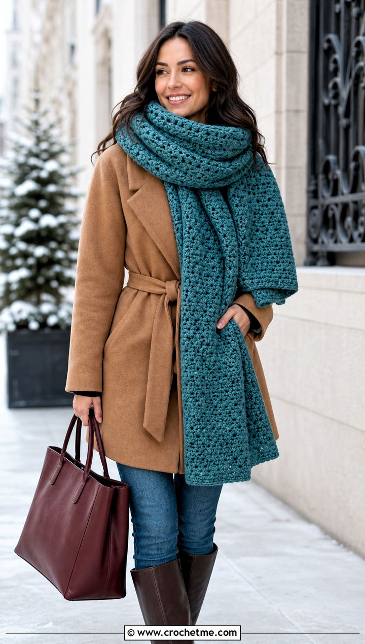 Blanket Crochet Scarf With Belted Coat - 25 crochet scarf design ideas