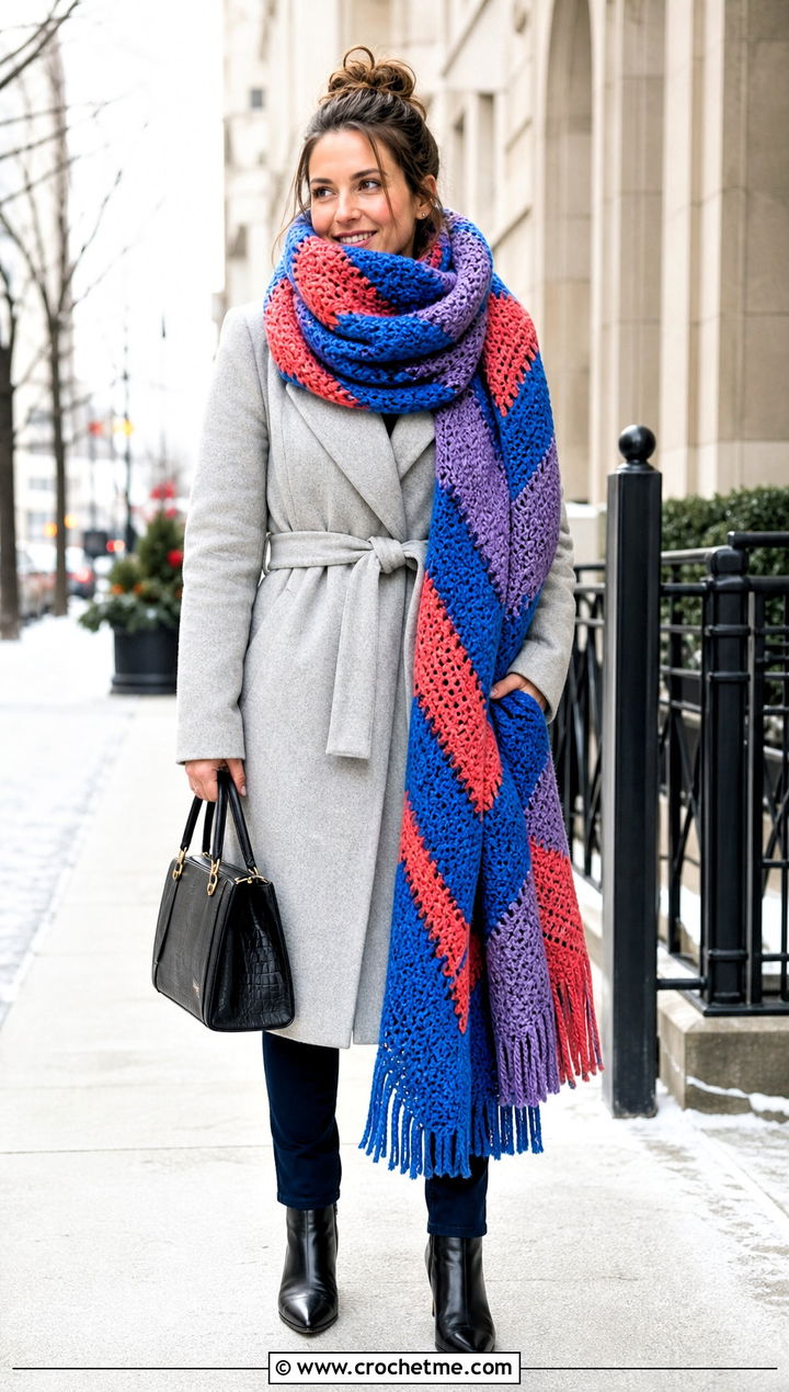 Blanket Crochet Scarf With Belted Coat And Boots - 35 easy crochet scarf for beginners outfit ideas