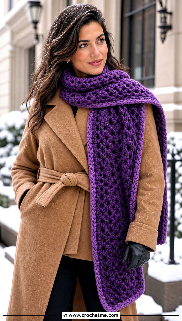 Blanket Crochet Scarf With Belted Coat And Tall Boots - 25 Quick And Easy Crochet Scarf outfit ideas